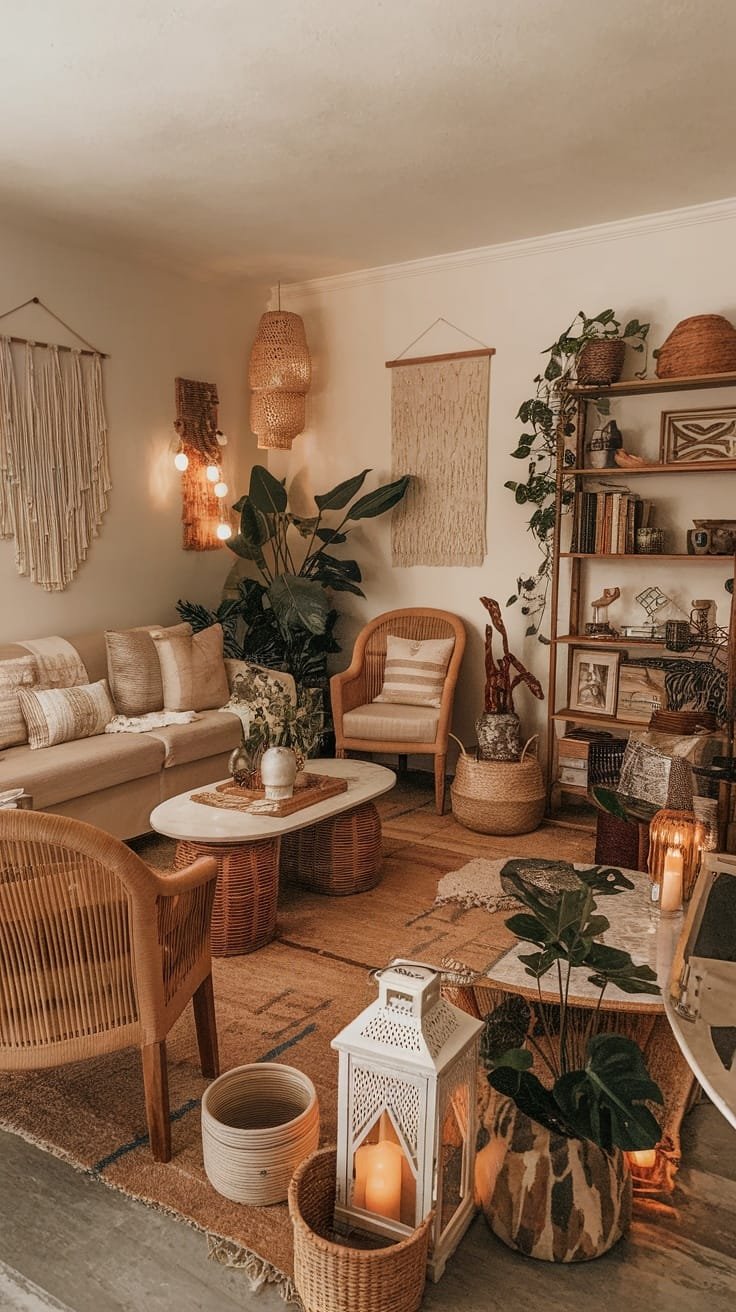 Seasonal_decor_swapping Cozy gypsy bohemian living room with plants and woven decor