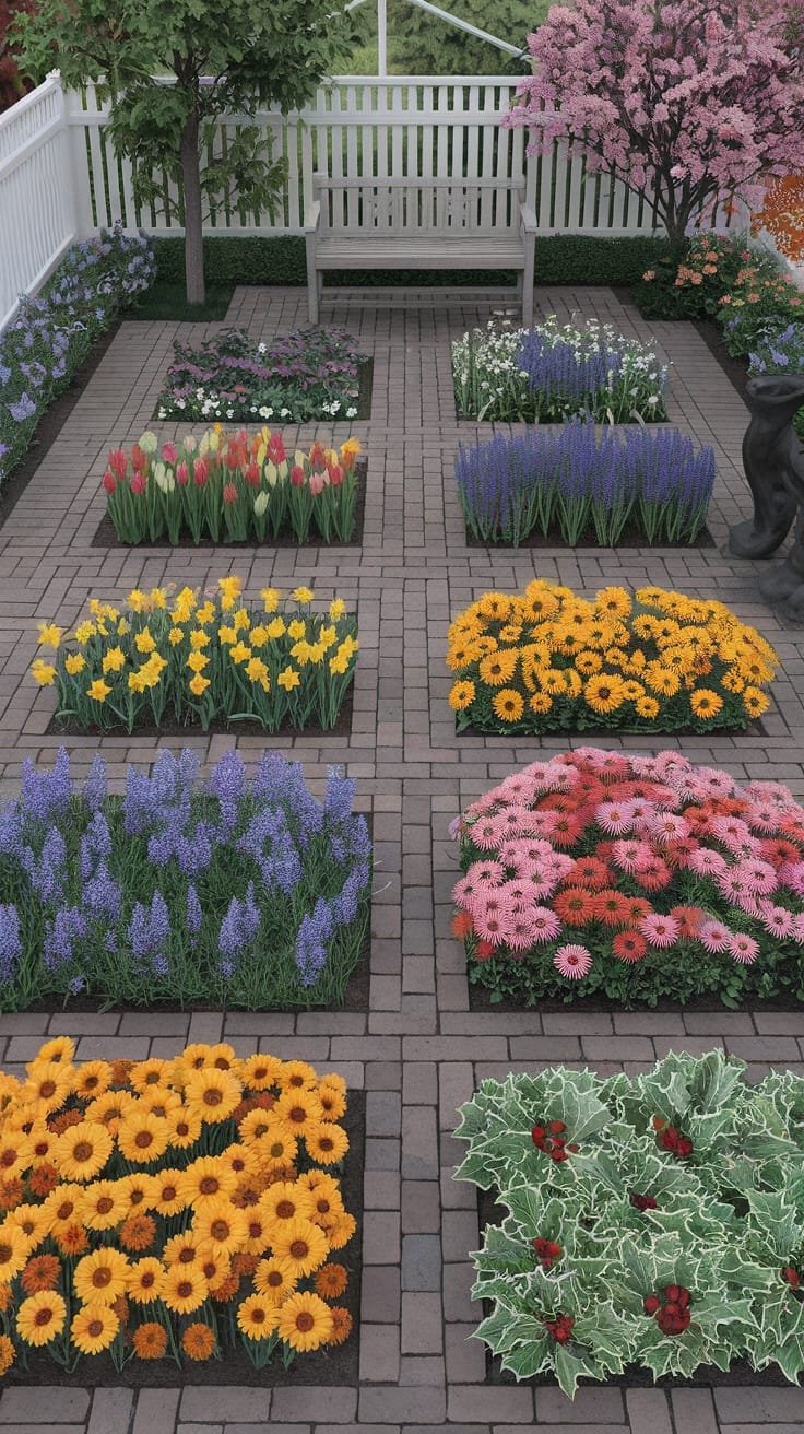 Seasonal_plant_rotation_ideas Colorful seasonal flowers arranged in a small garden space