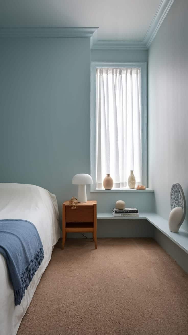 Serene_bedrooms_in_limited_space A serene small bedroom with soft blue walls a white bed and a cozy atmosphere