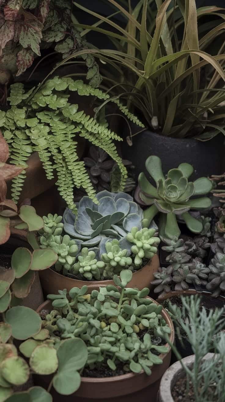 Shade_tolerant_plant_arrangements A collection of shade tolerant plants in pots including ferns and succulents arranged beautifully