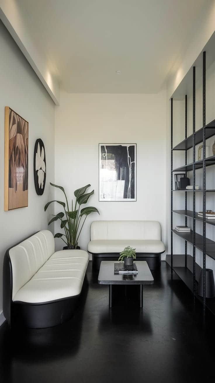 Sleek_modern_designs Interior of a modern living room featuring white sofas art on the walls a plant and a black floor
