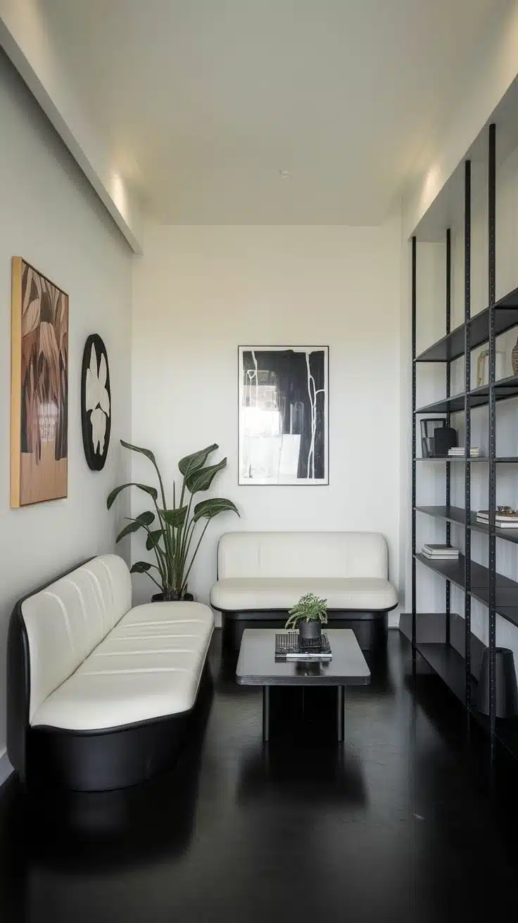 Sleek_modern_designs Interior of a modern living room featuring white sofas art on the walls a plant and a black floor