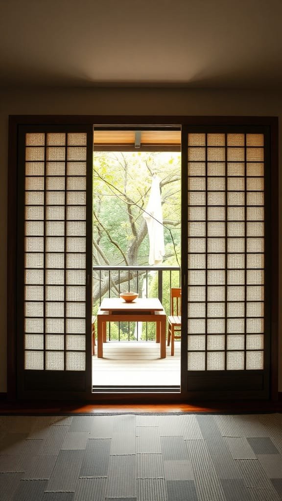 Sliding_shoji_screens_for_space_management Interior of a Japanese apartment showing sliding shoji screens opening to a small balcony