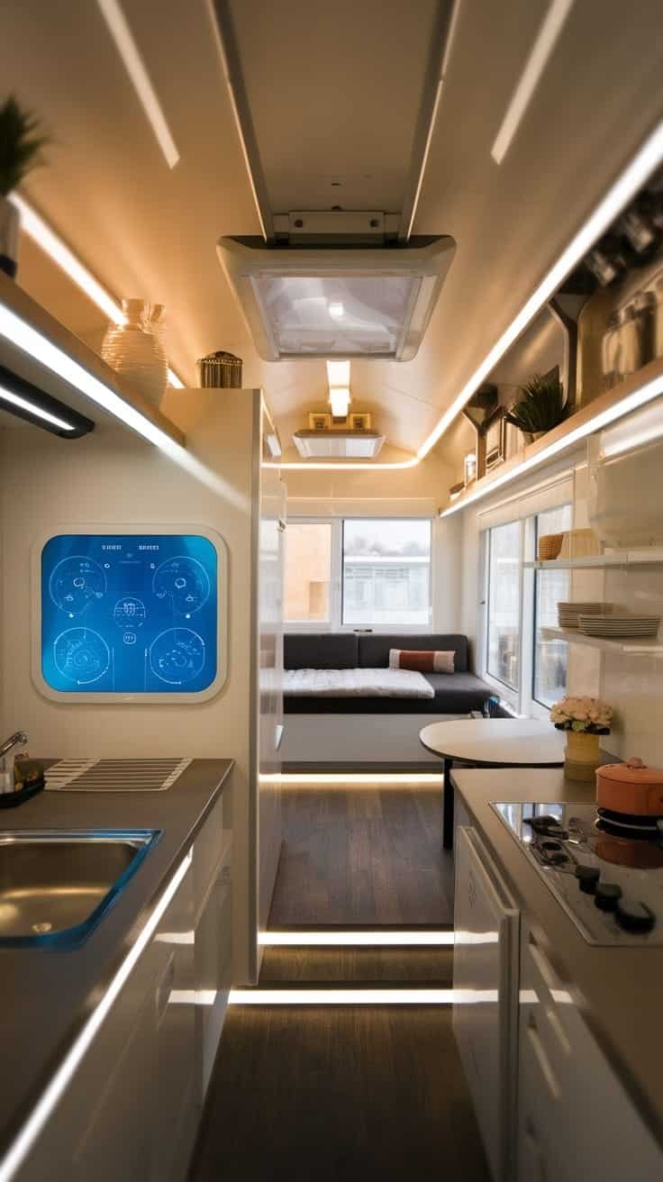 Smart_home_technology_integration_1 Interior view of a futuristic tiny home with smart technology