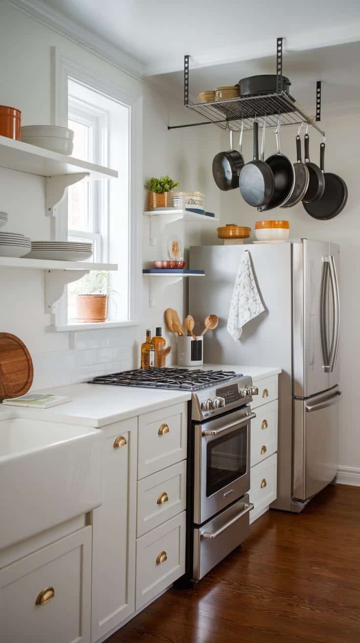 Smart_storage_solutions A bright kitchen with open shelves hanging pots and organized storage