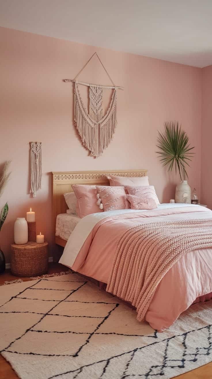 Soft_blush_textiles A cozy pink boho bedroom featuring soft blush textiles a wooden bed macramé wall decor and plants