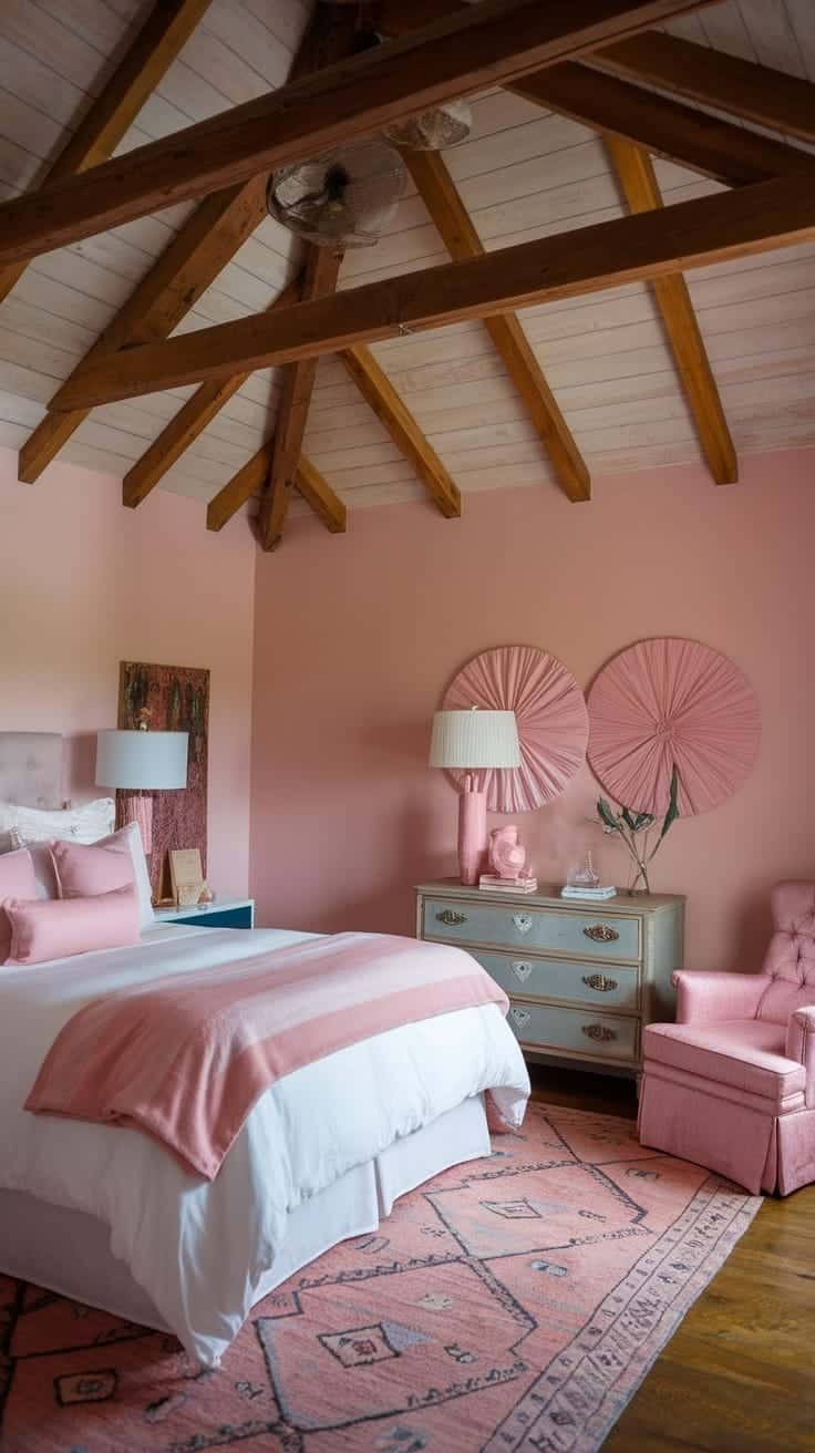 Soft_fleece_throws A cozy pink boho bedroom featuring soft fleece throws on the bed and accent chair