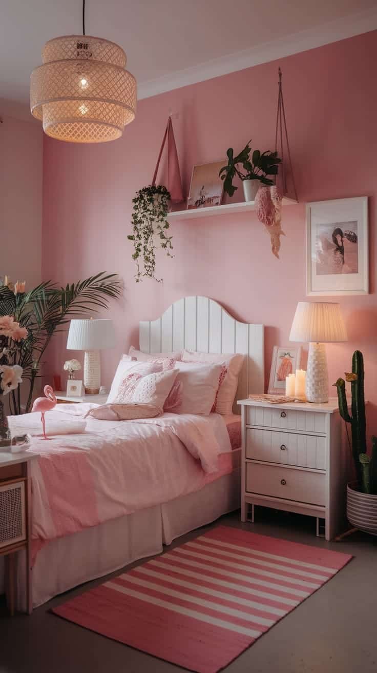 Soft_lighting_options A cozy pink boho bedroom featuring soft lighting with a pendant lamp and bedside lamps