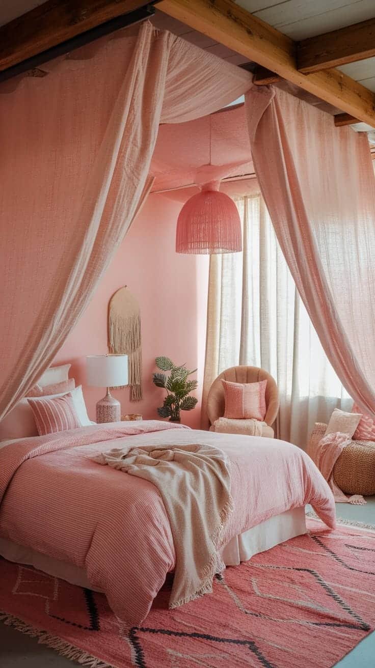 Soft_linen_drapes A soft pink boho bedroom with linen drapes and cozy decor
