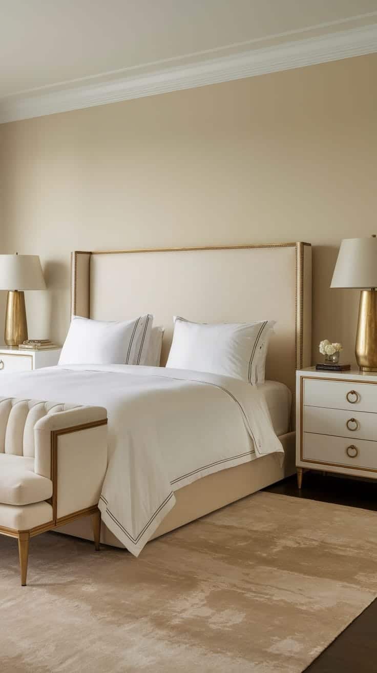 Sophisticated_neutral_palette_bedroom Sophisticated neutral palette bedroom featuring a beige and cream color scheme with elegant furnishings