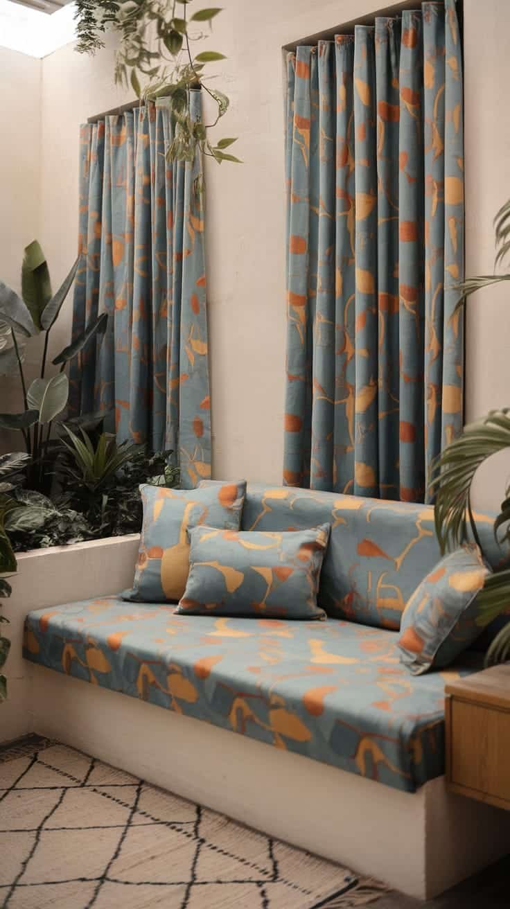 Sophisticated_textiles_and_fabrics Cozy nook with vibrant curtains and cushions in a small home
