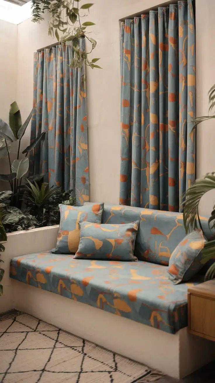 Sophisticated_textiles_and_fabrics Cozy nook with vibrant curtains and cushions in a small home