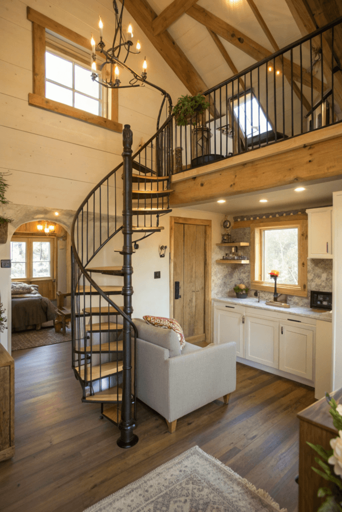 Space saving designs A photo of a spacious modern living space with a warm and inviting ambiance The room features a central spiral staircase made of dark iron leading to an upper level with a railing The walls are made of wooden beams and panels and the floor is composed of polished wooden planks A comfortable couch with a throw pillow is in the room and there is a kitchenette area with cabinetry and a countertop The room is well lit with multiple light sources