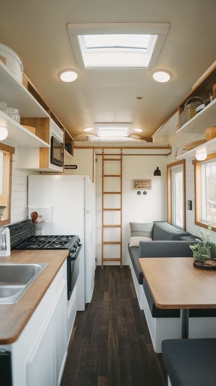 Spacesaving_design_innovations Interior view of a tiny house camper showcasing a space saving design with modern amenities