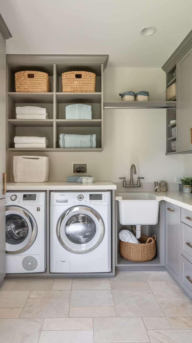 Spacious_laundry_room A spacious modern laundry room featuring a washer and dryer storage shelves and a utility sink