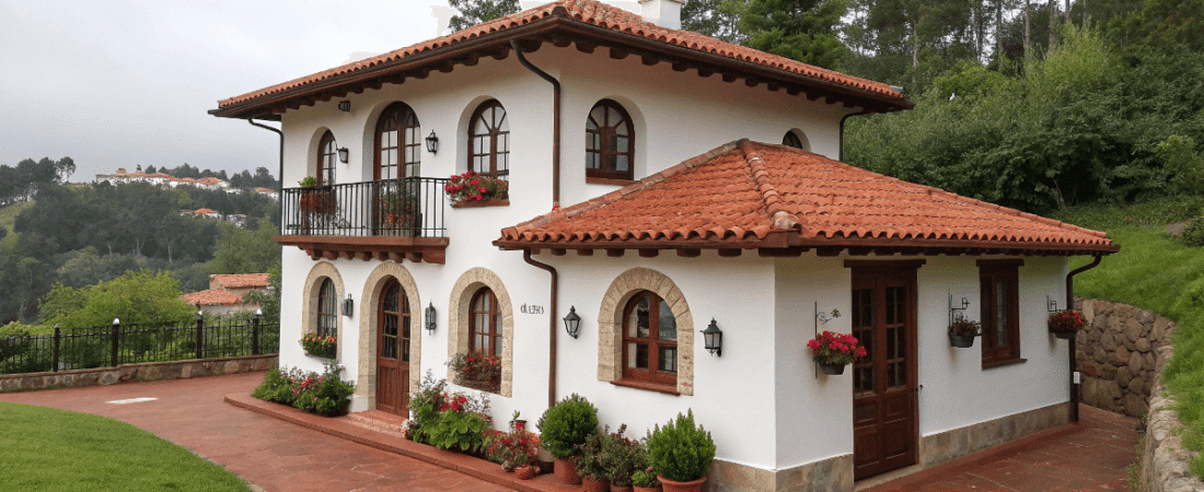 A spanish style villa with a white facade brown terracotta roof and multiple potted plants and flowers adorning the exterior The architecture includes arched windows and a balcony on the second floor The villa is situated on a sloping terrain with a stone wall and a walkway leading up to the main entrance The background reveals a lush landscape with trees and a hilly terrain The sky is overcast and the overall atmosphere is calm and residential The image is a photograph
