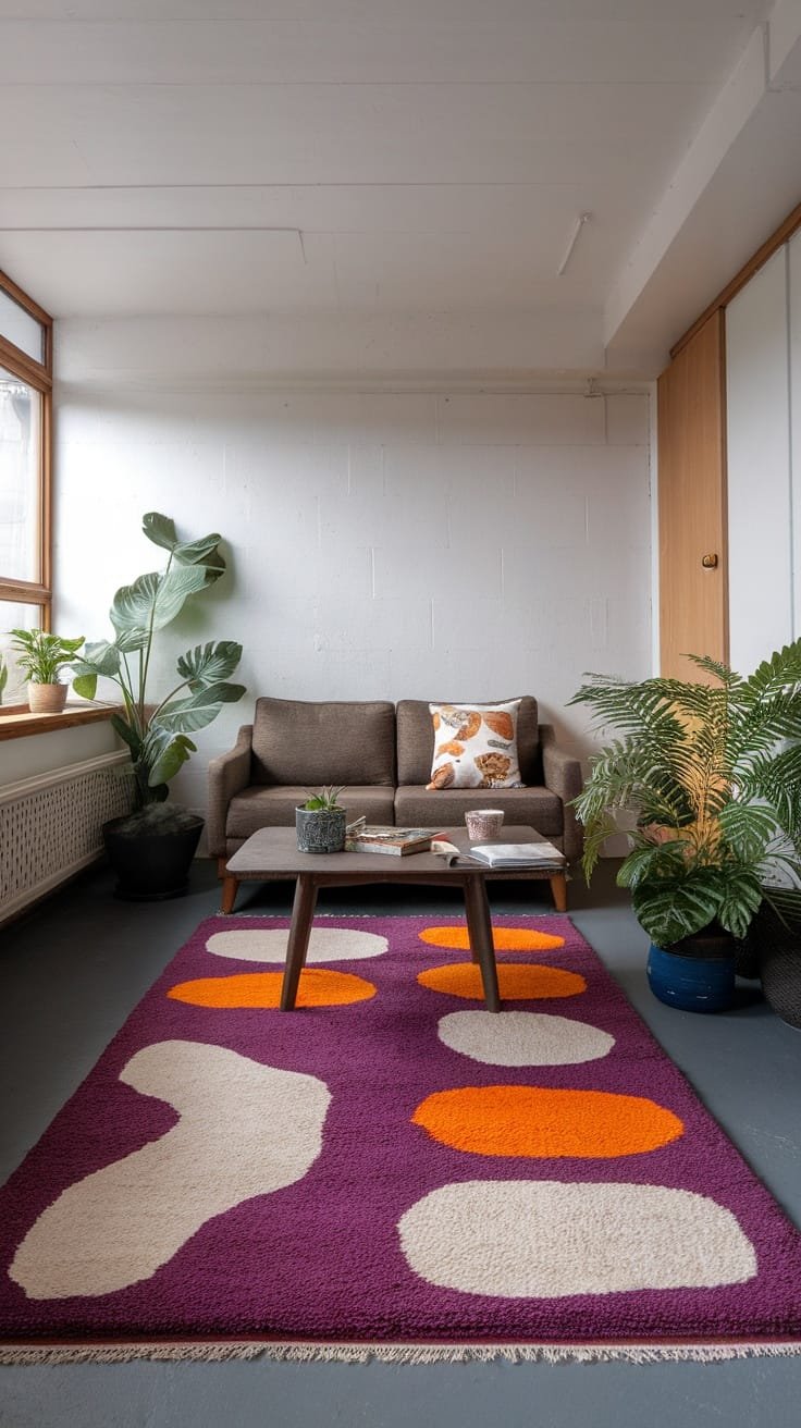 Statement_rugs_that_define_space Bohemian living room with a colorful statement rug and plants