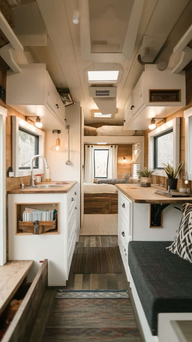 Storage_hacks_for_tiny_house_campers Interior view of a tiny house camper showing organized storage and cozy design
