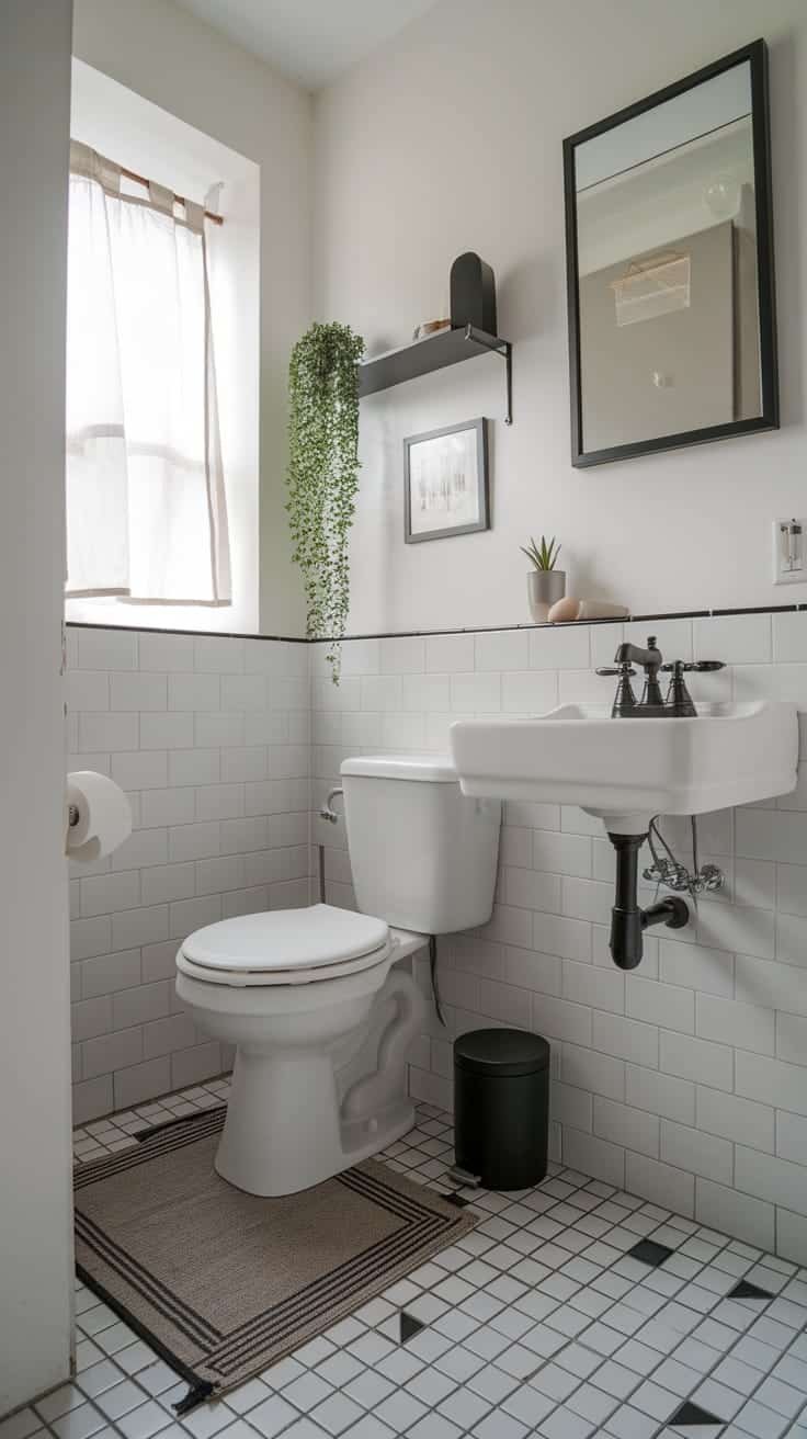 Stylish_bathroom_retreats A stylish small bathroom featuring white tiles black accents and plants