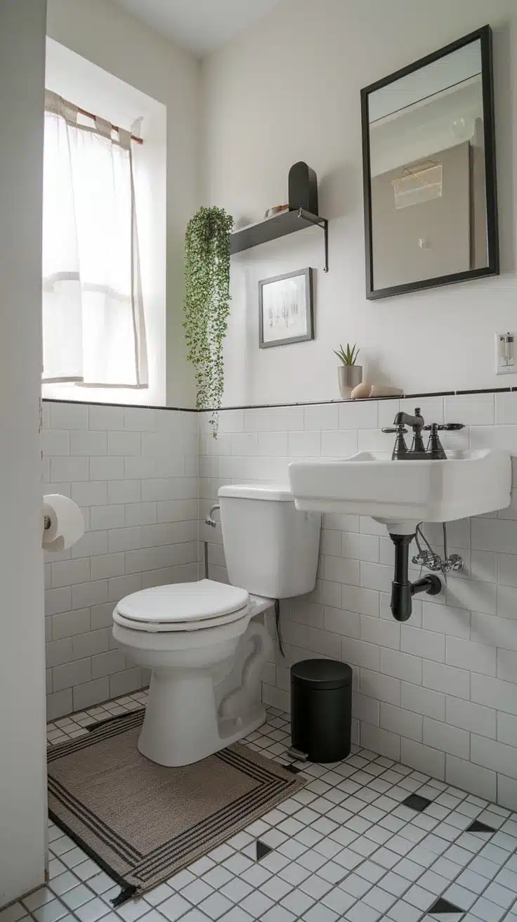 Stylish_bathroom_retreats A stylish small bathroom featuring white tiles black accents and plants