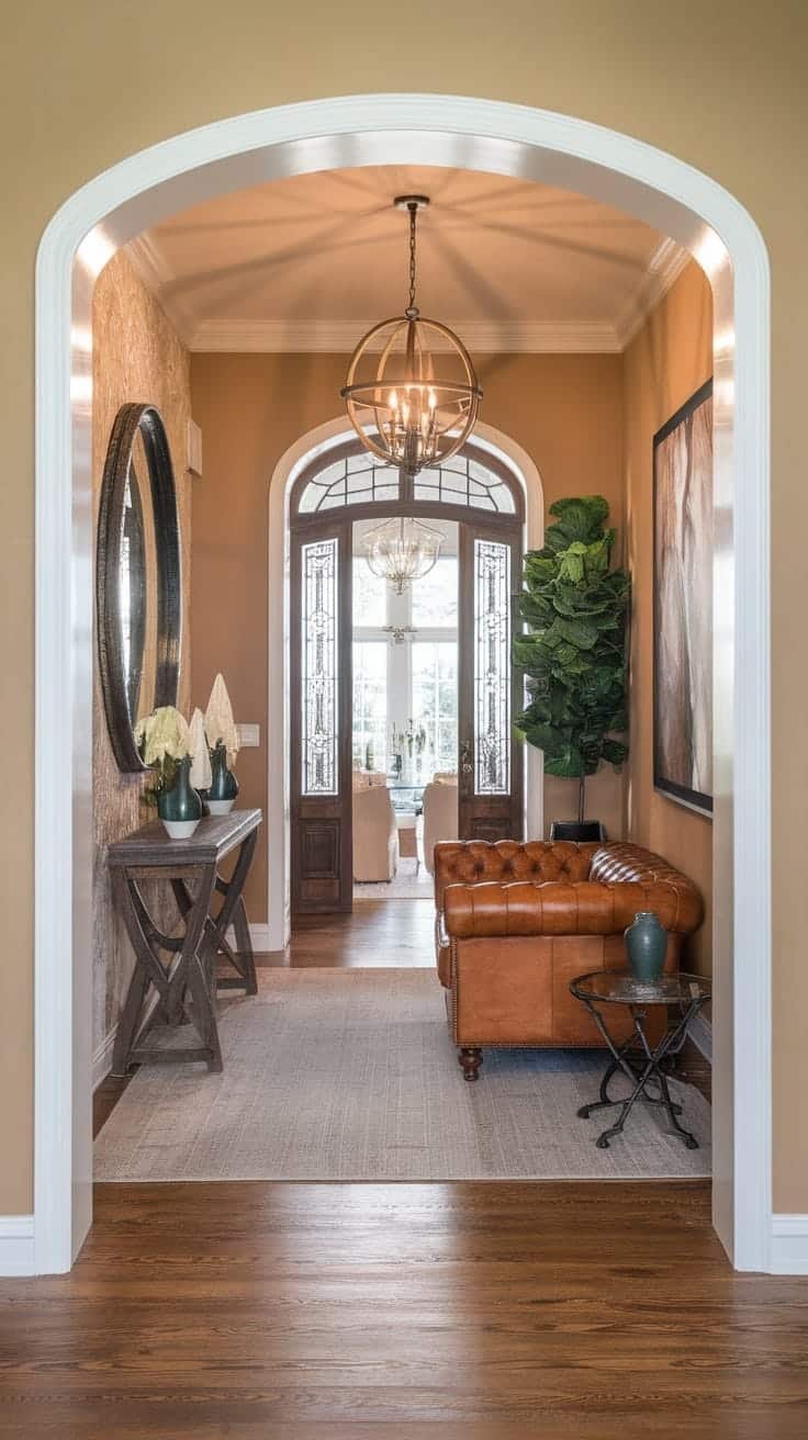 Stylish_entryway_and_hallway Stylish entryway with brown walls elegant lighting and a cozy seating area in a mini mansion