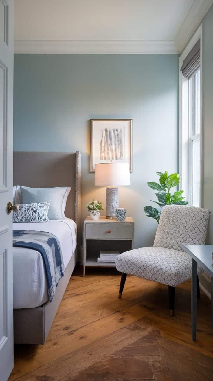Stylish_guest_room_for_small_spaces A stylish guest room featuring a bed with a headboard light blue walls a small nightstand with a lamp a cozy chair and a plant