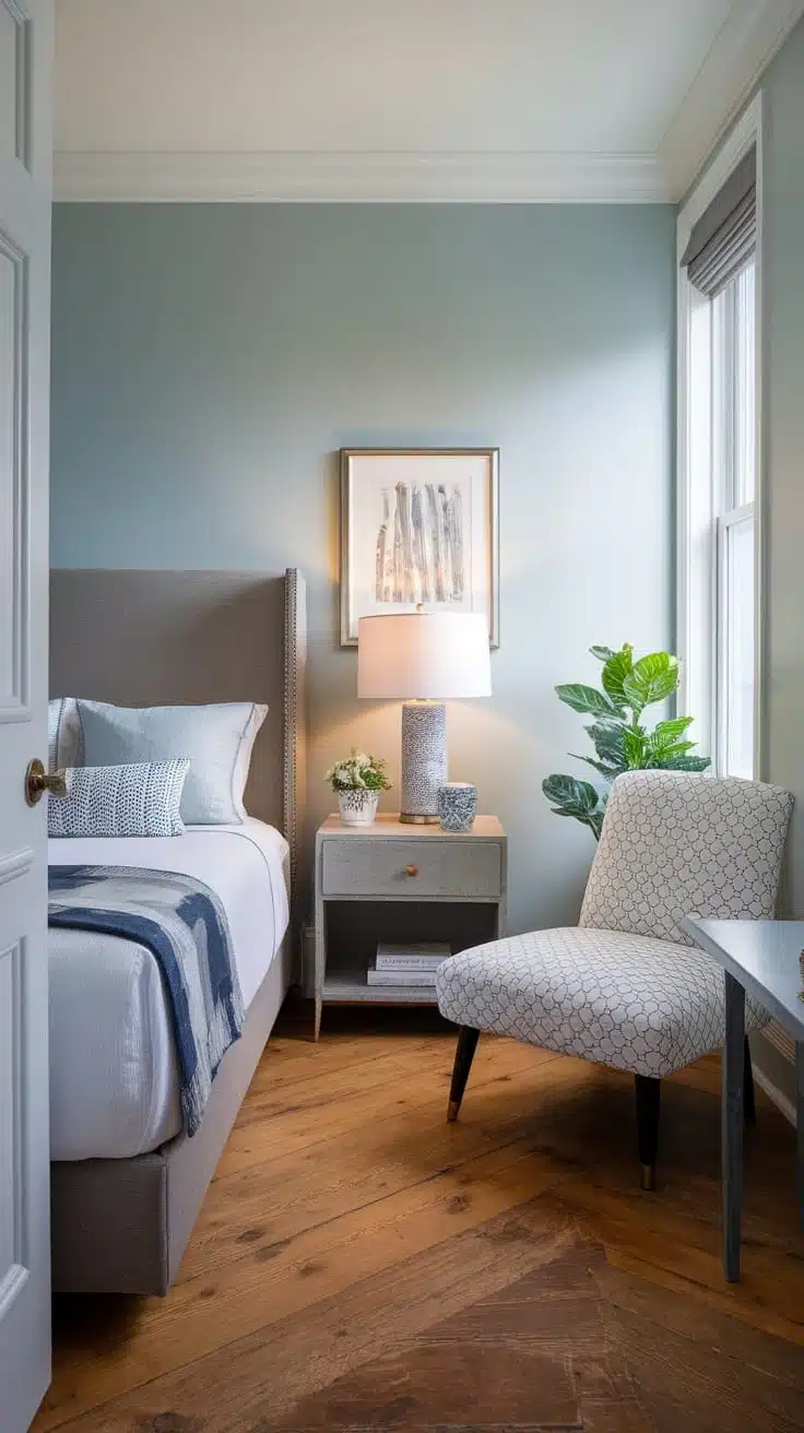 Stylish_guest_room_for_small_spaces A stylish guest room featuring a bed with a headboard light blue walls a small nightstand with a lamp a cozy chair and a plant
