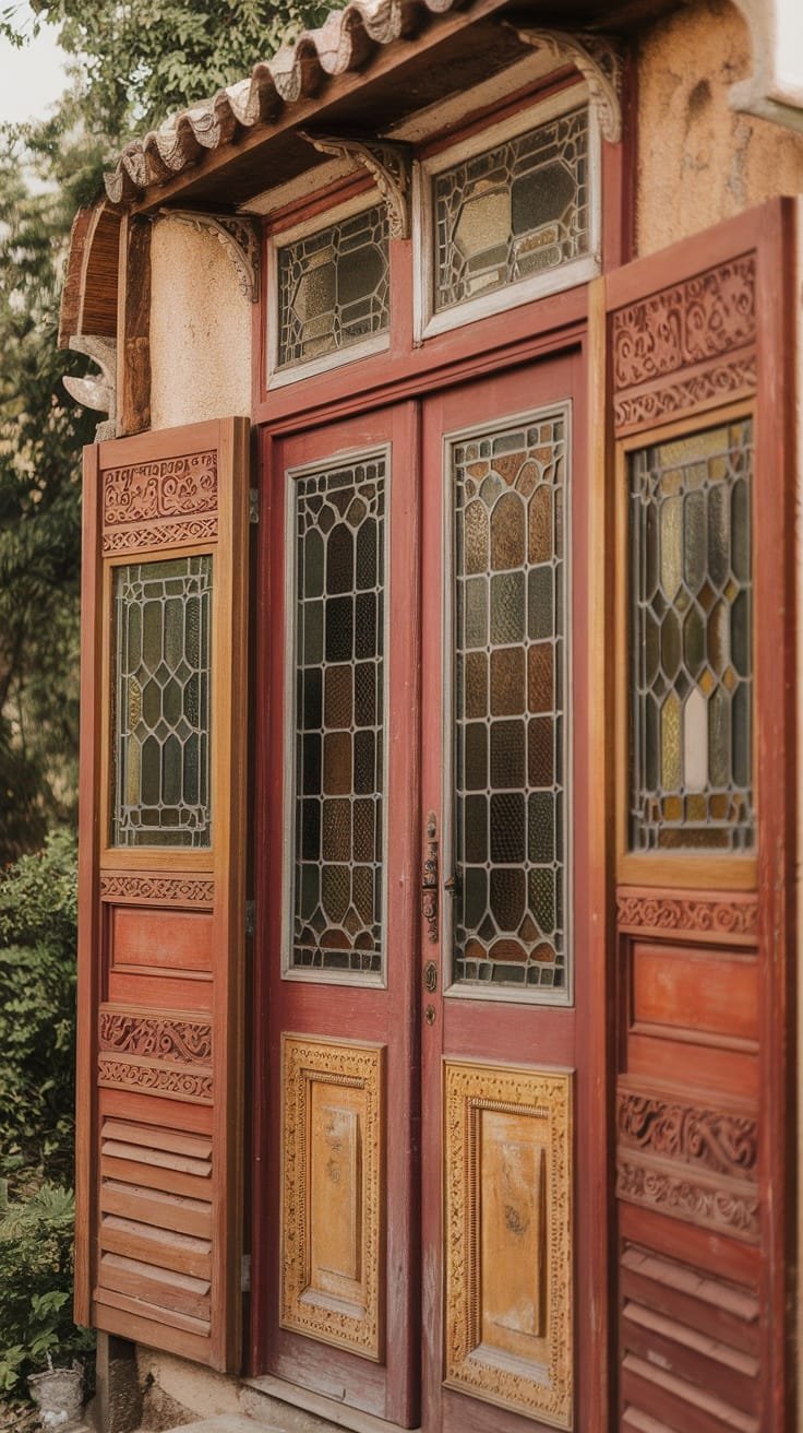 Stylish_windows_and_doors_aesthetic_and_practicali Intricate wooden door with stained glass panels in a Spanish style tiny house