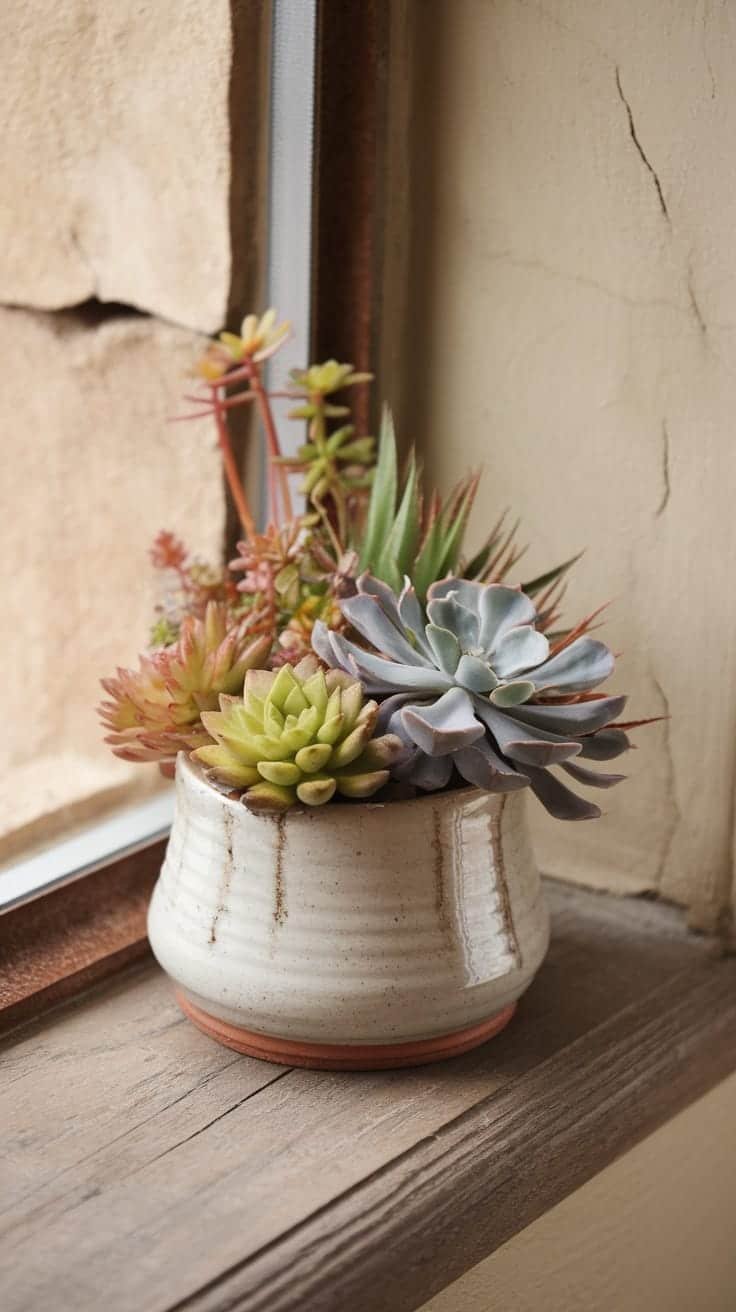 Succulent_arrangements_in_small_spaces A beautiful arrangement of succulents in a small pot on a windowsill