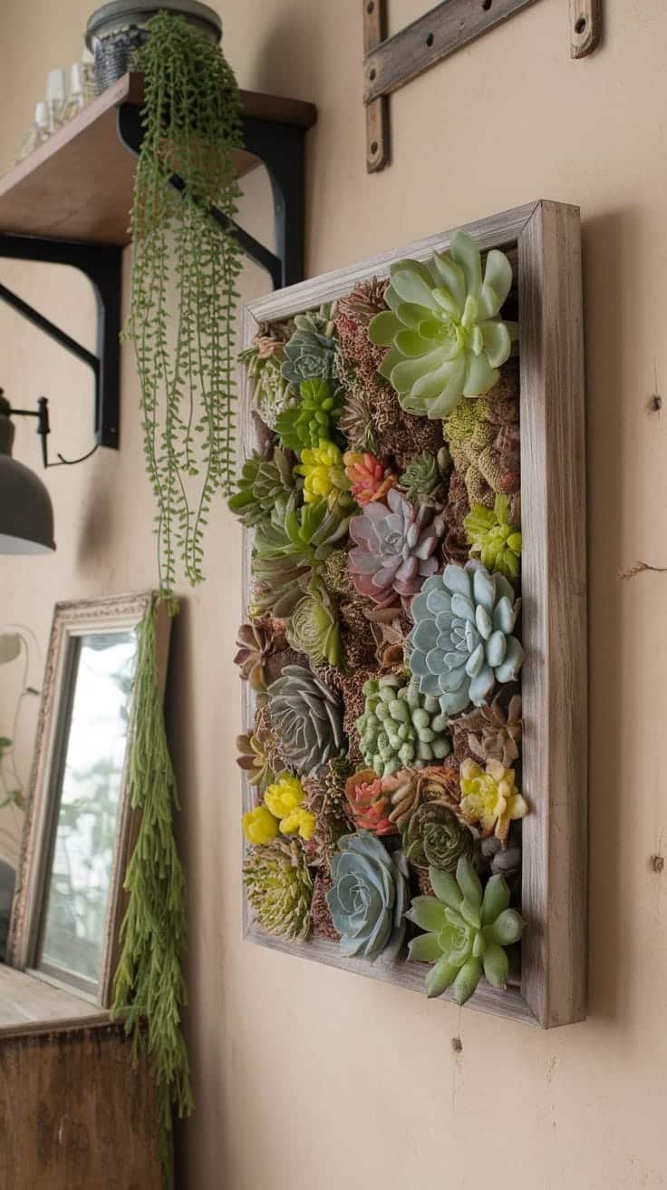 Succulent_wall_art A beautiful arrangement of succulents in a wooden frame displayed on a wall
