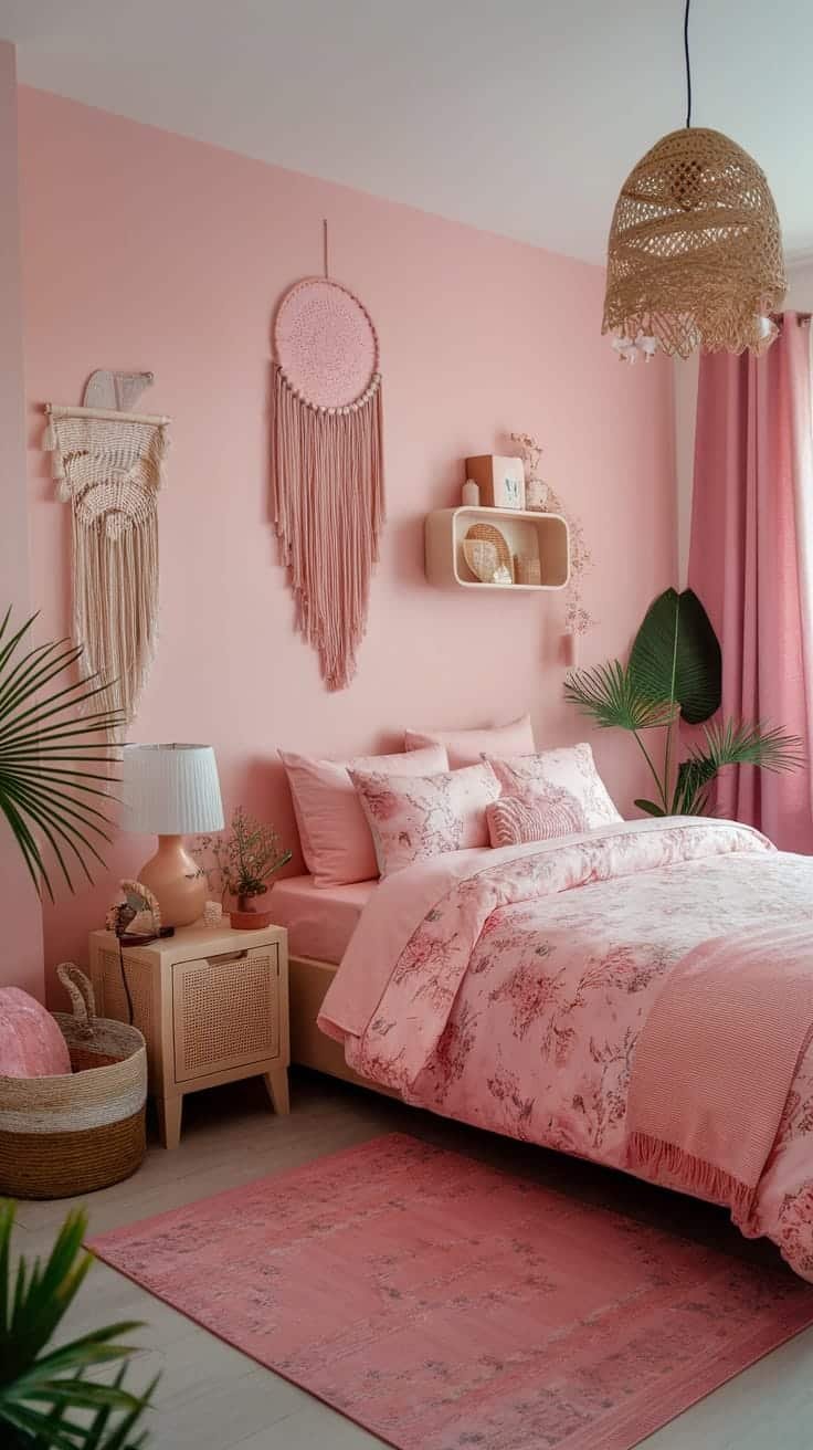 Sunsetinspired_color_palette A pink boho bedroom featuring soft pink walls cozy bedding macramé decor and indoor plants