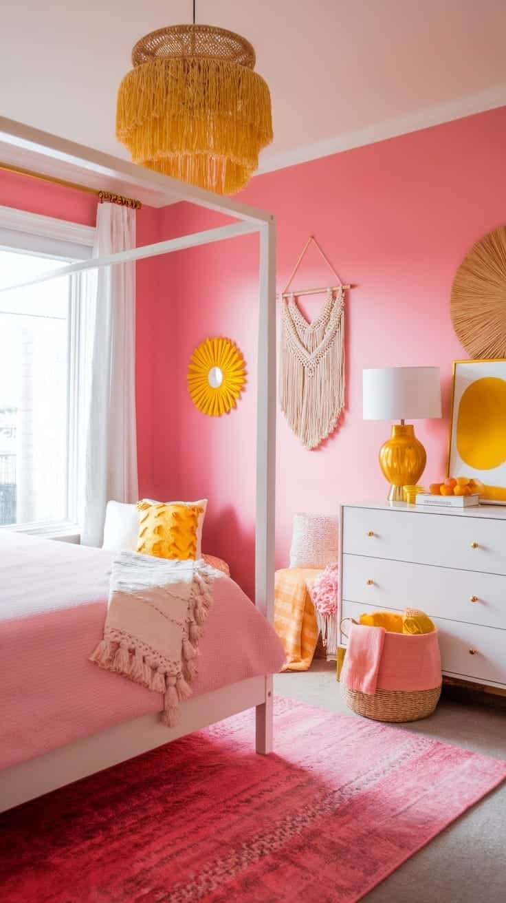 Sunshineinspired_accents A bright pink boho bedroom featuring sunshine inspired accents with yellow decor a macramé wall hanging and vibrant cushions