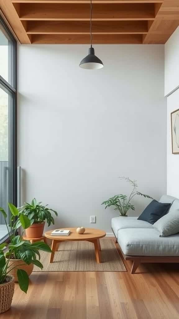 Sustainability_in_japanese_interior_design Interior of a small Japanese apartment featuring a wooden ceiling plants and minimalist furniture