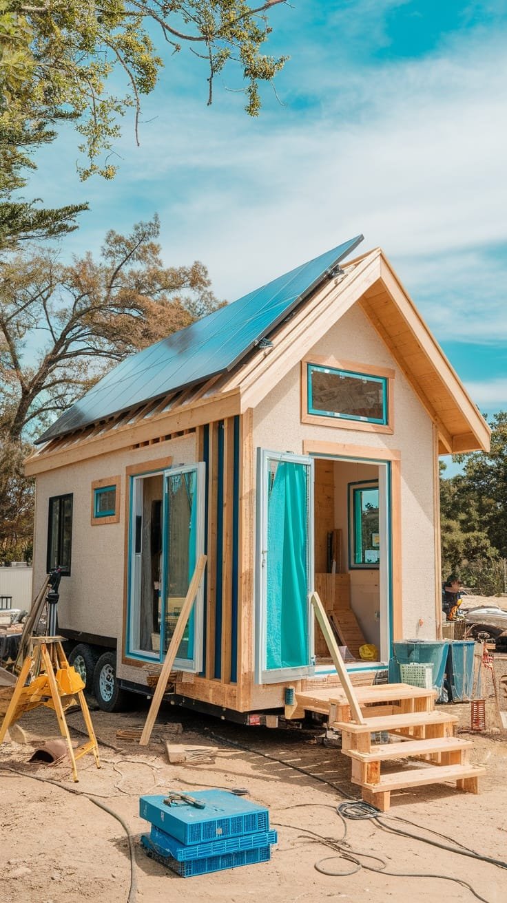 Sustainable_building_practices_in_aspen A tiny home in Aspen with solar panels and wooden steps under a blue sky