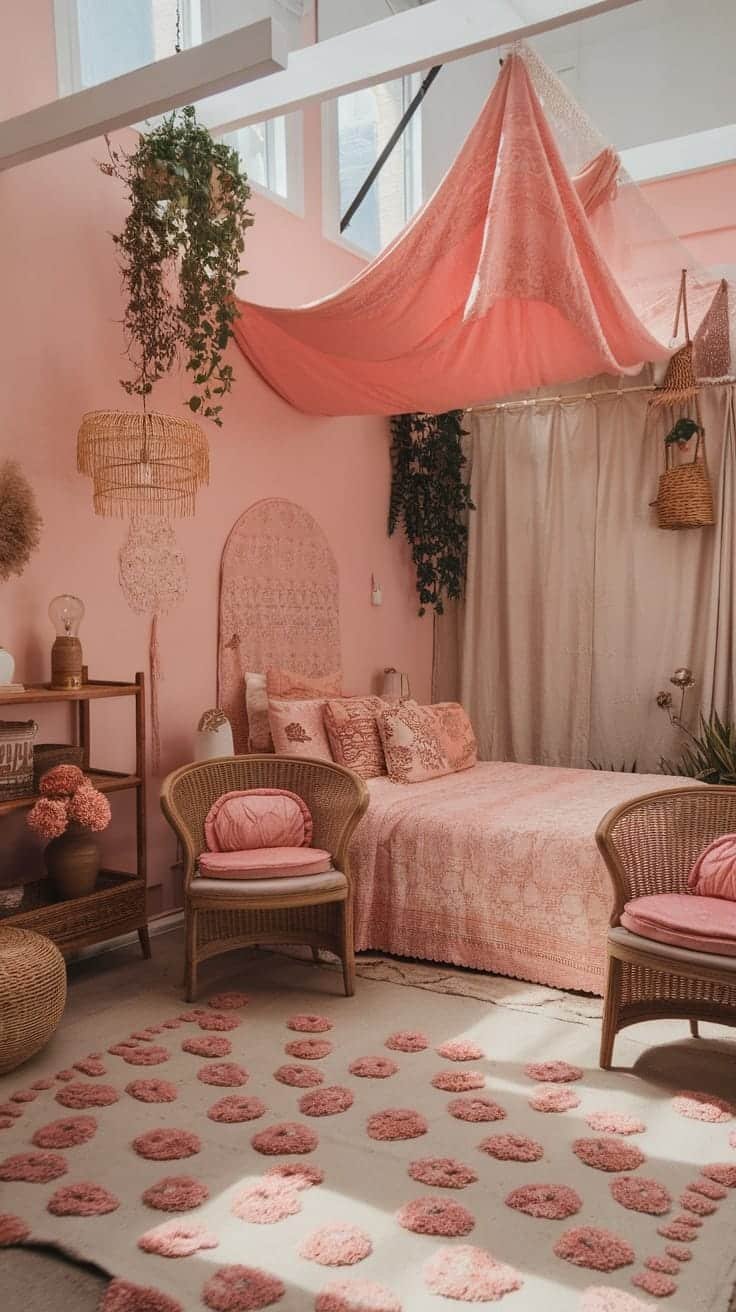 Sustainable_decor_choices A pink boho bedroom featuring natural decor elements and cozy furnishings