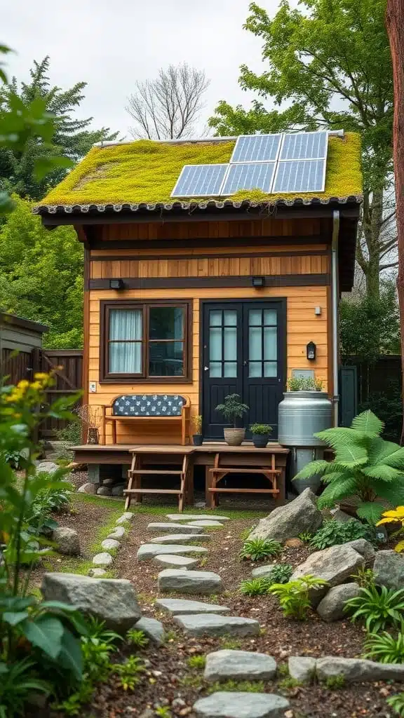 Sustainable_living_ecofriendly_features_of_tiny_h A tiny house in Japanese style with a green roof and solar panels