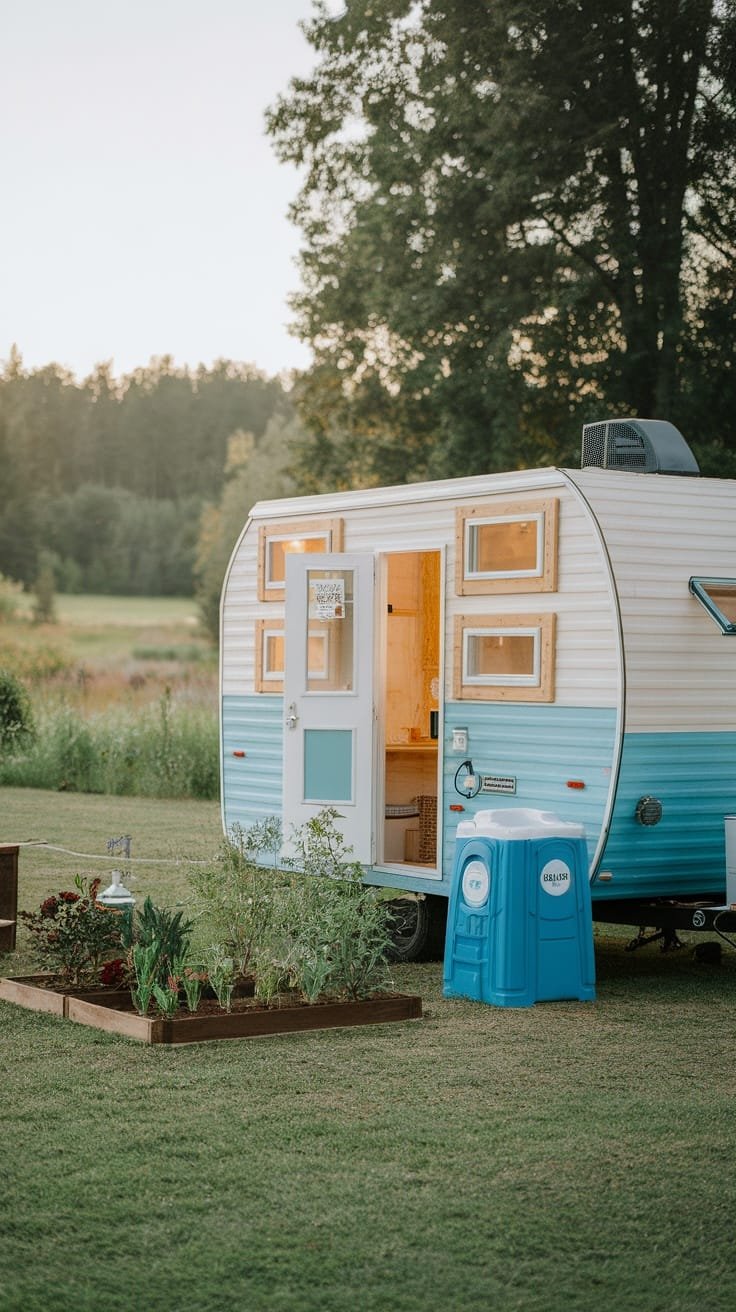 Sustainable_living_in_tiny_campers A tiny house camper set in a green field with a small garden and portable toilet