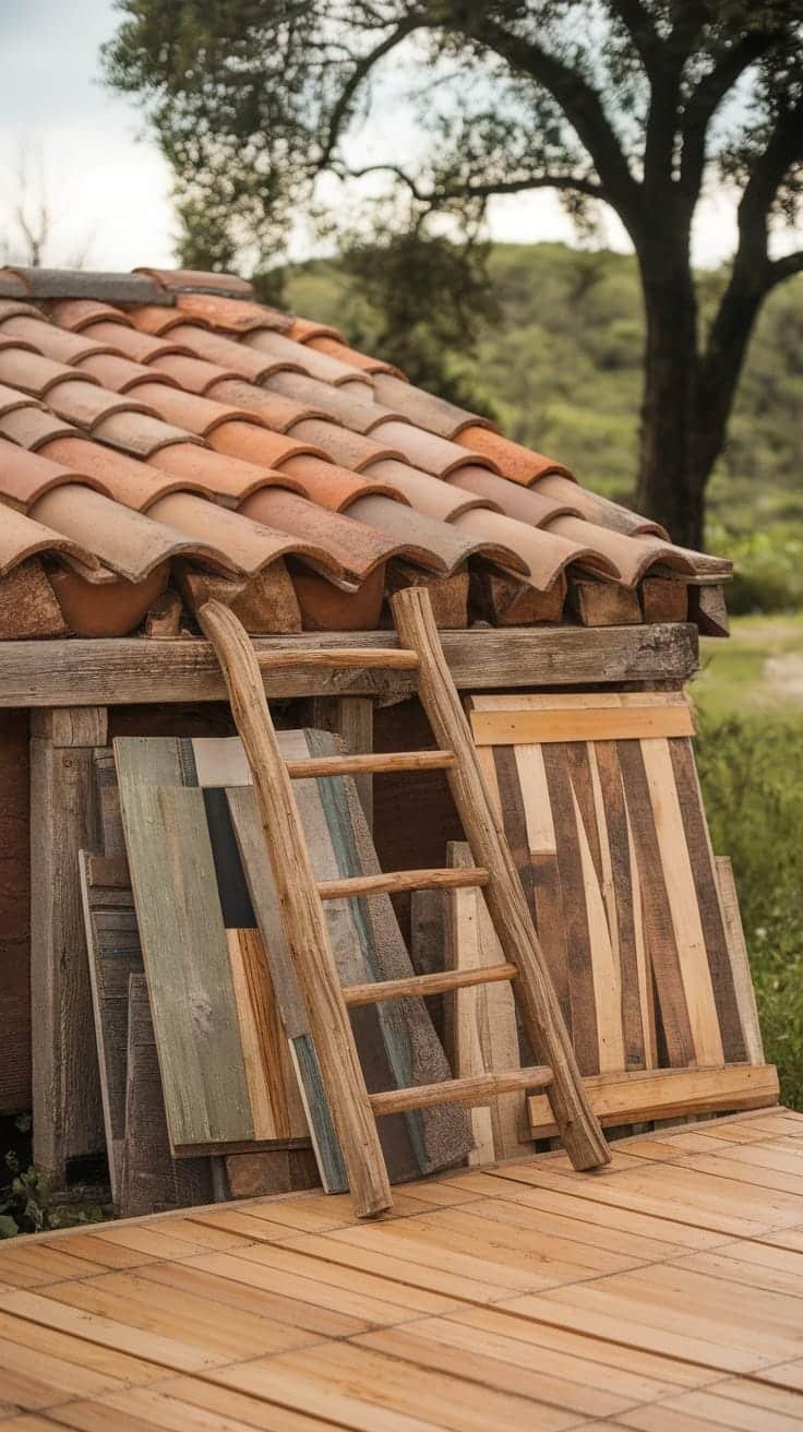 Sustainable_materials_for_ecofriendly_homes A Spanish style tiny house with a terracotta roof and wooden boards leaning against it showcasing a rustic and eco friendly design