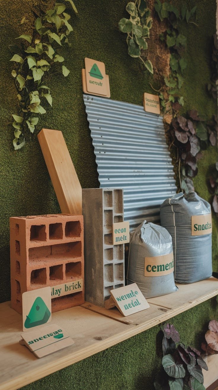 Sustainable_materials_for_modular_construction Display of sustainable building materials for modular construction including clay bricks eco melt and cement on a natural background