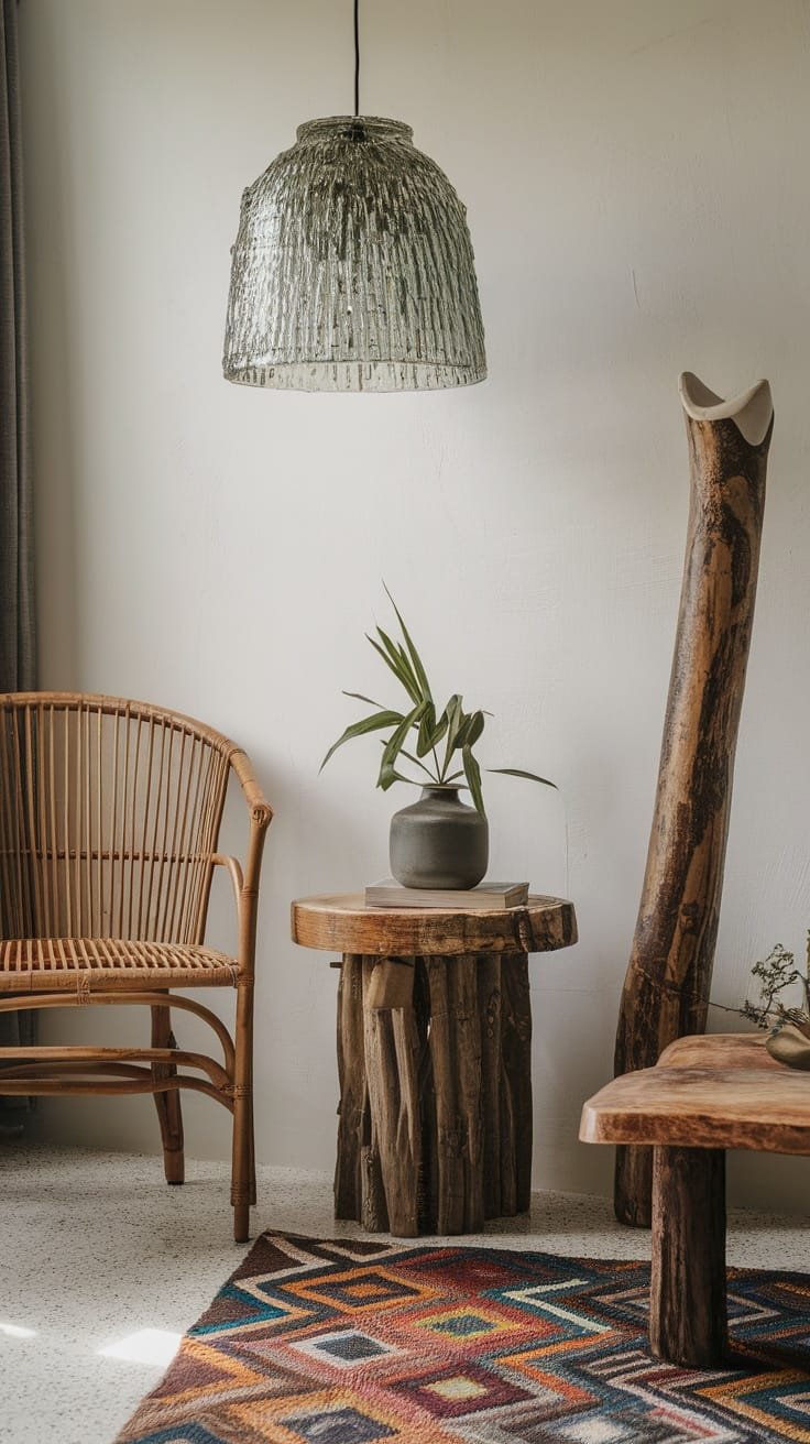 Sustainable_materials_in_design Cozy interior featuring natural wooden furniture a unique light fixture and plants reflecting forest interior design