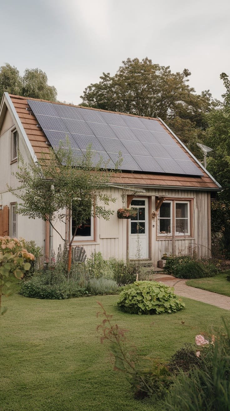 Sustainable_tiny_living A small home with solar panels surrounded by a garden