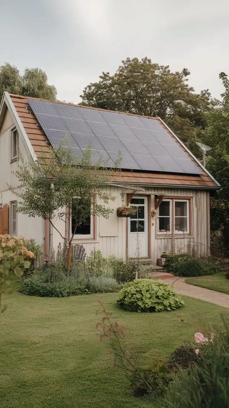 Sustainable_tiny_living A small home with solar panels surrounded by a garden