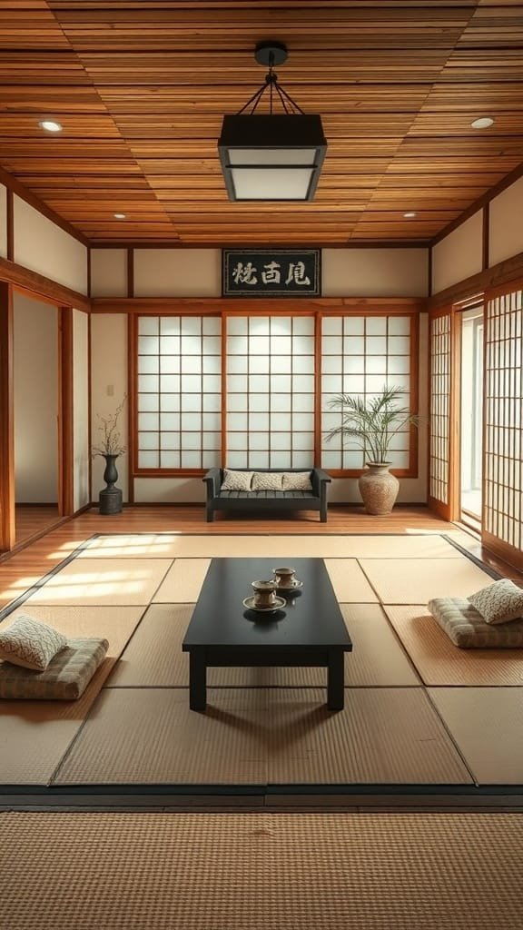 Tatami_living_rooms_for_traditional_comfort Interior of a traditional Japanese living room with tatami mats and wooden features
