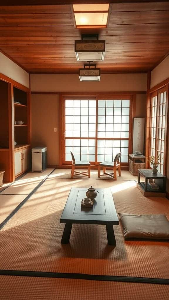 Tatami_mats_for_authentic_japanese_living Interior of a small Japanese apartment with tatami mats wooden elements and simple furniture