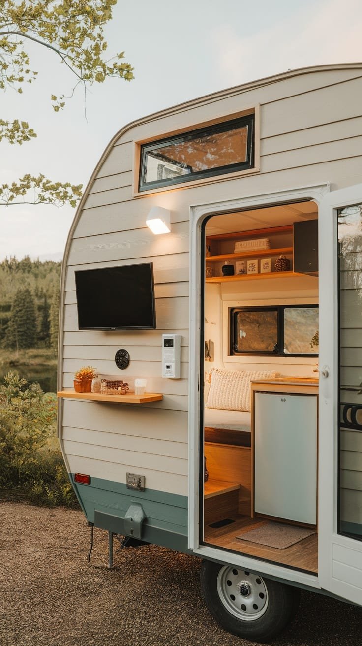 Tech_gadgets_for_tiny_house_campers A modern tiny house camper with a welcoming entrance TV on the wall and cozy interior