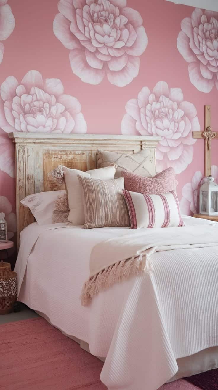 Textured_throw_pillows A cozy pink boho bedroom with textured throw pillows on the bed