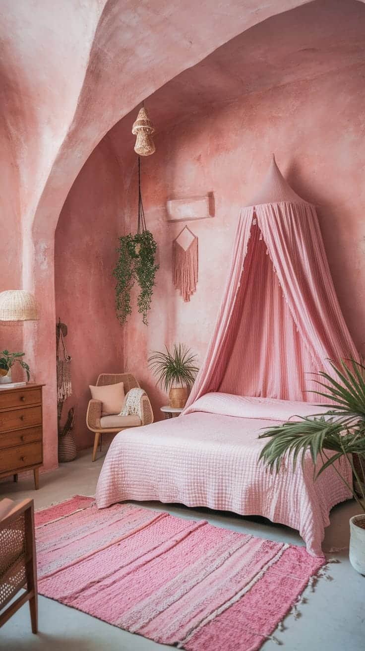 Textured_wall_finishes A cozy pink boho bedroom featuring textured walls and soft furnishings