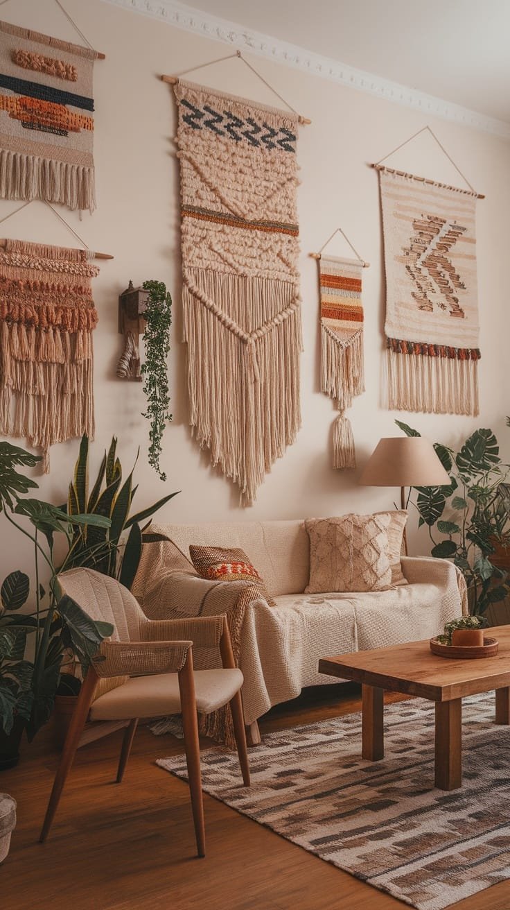 Textured_wall_hangings A cozy living room adorned with textured wall hangings and plants embodying a gypsy bohemian style