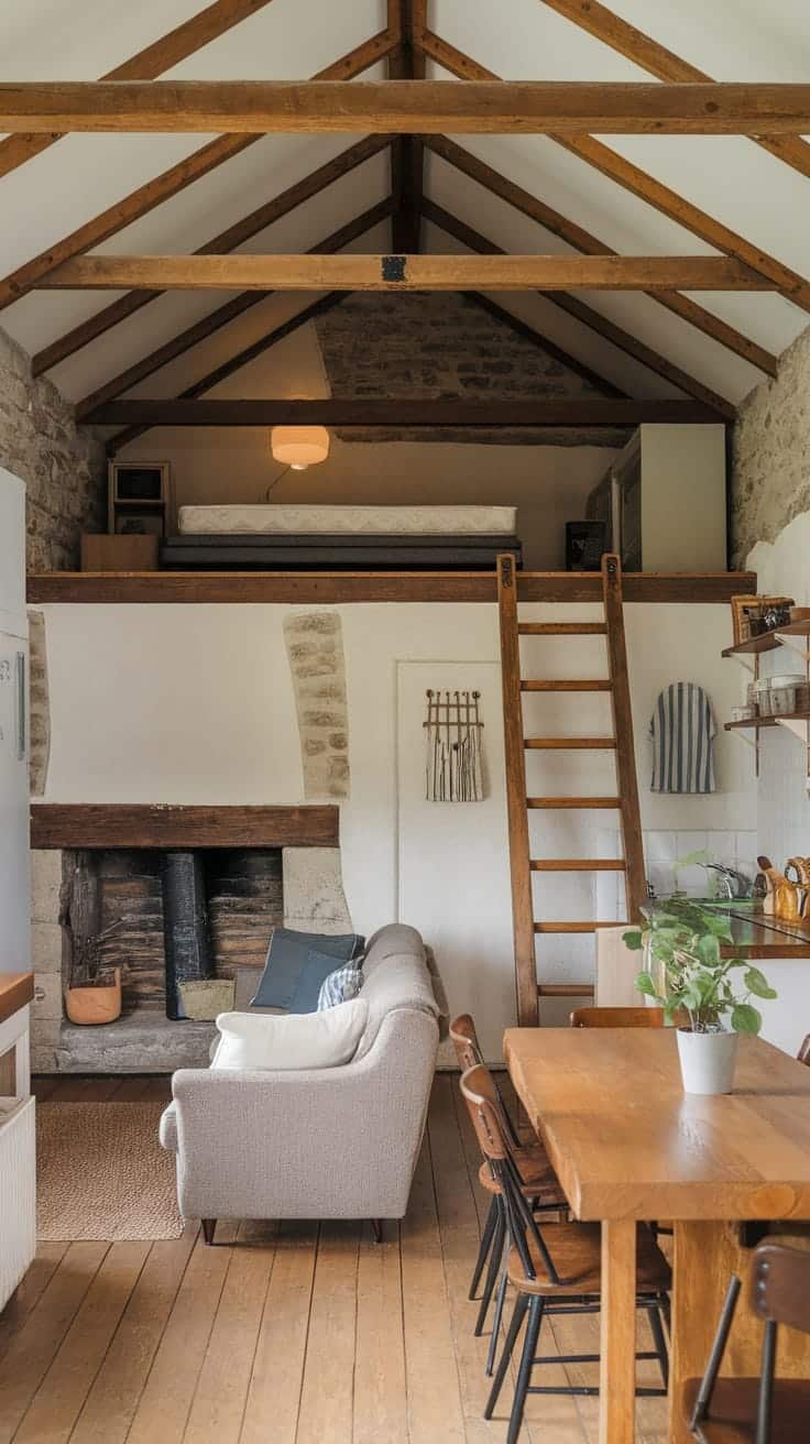 The_beauty_of_natural_materials A cozy interior of a small home featuring exposed wooden beams stone walls and comfortable furniture