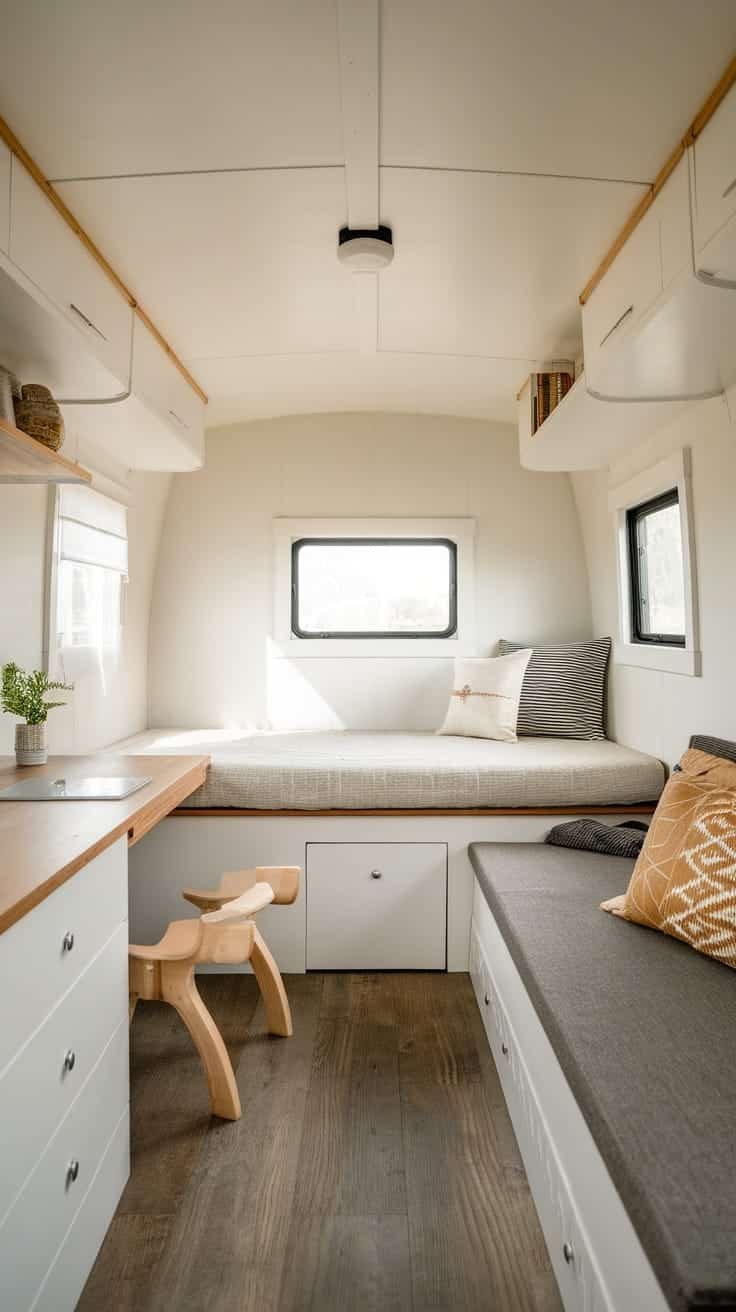 The_benefits_of_minimalist_living Interior view of a cozy tiny house camper with natural light